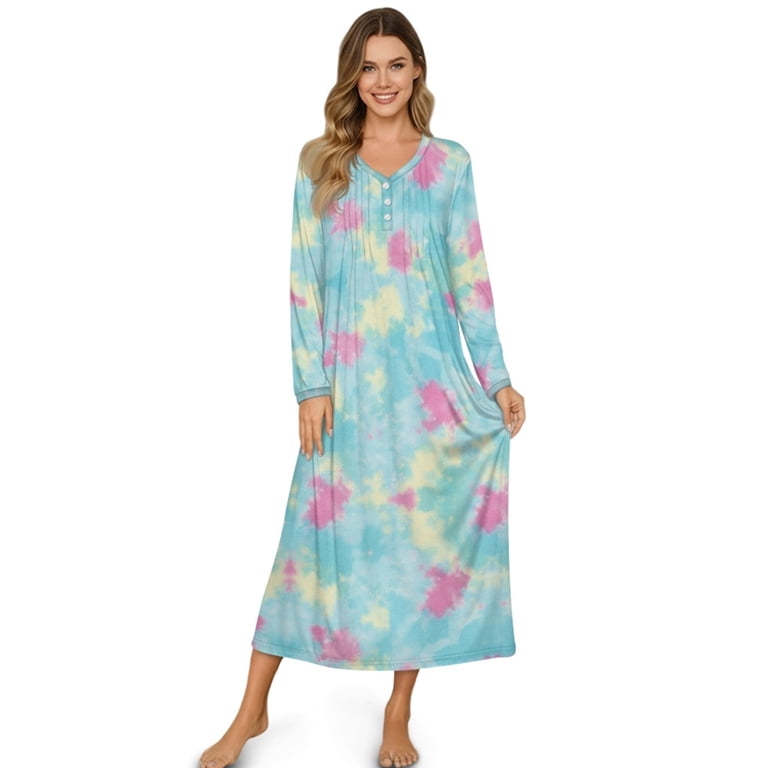 Tutolipy Tie Dye Printed Nightgowns for Women Long Sleeve Pajama