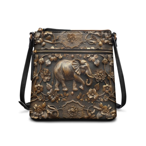 Tutolipy Tooled Leather Elephant Ladies Crossbody Bag, Waterproof PU Single Shoulder Bag Multiple Zipper Pockets Exquisite UV Craft Bag for Travel