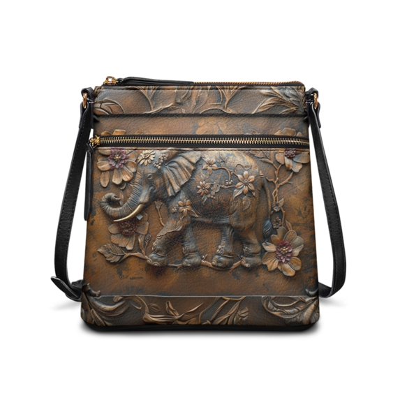 Tutolipy Tooled Leather Elephant Ladies Crossbody Shoulder Bag Satchel Bag, Stylish Waterproof Material Crossbody Bag Zipper Closure for Daily Shopping