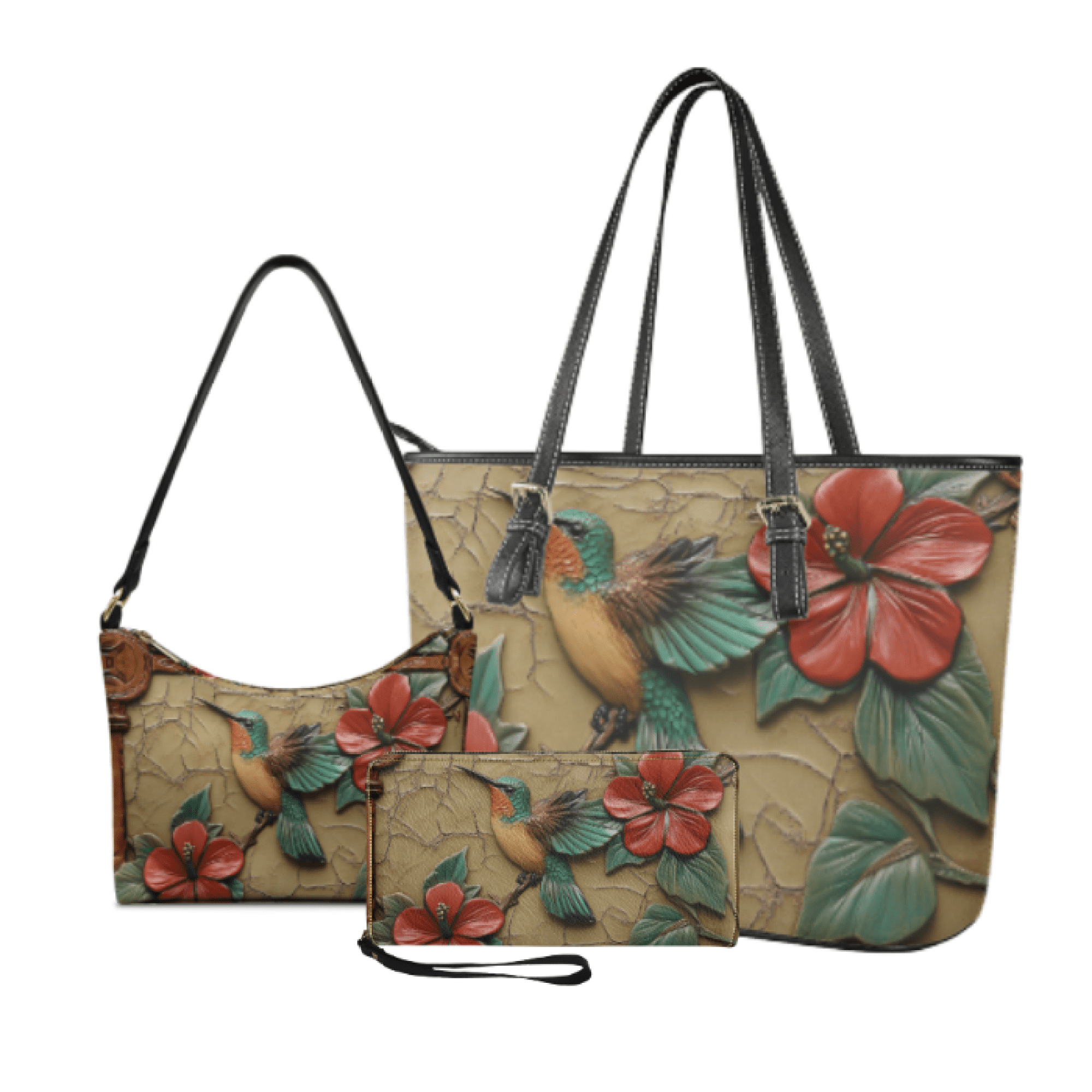 Tutolipy Tote Handbag Set for Women, with Lightweight Shoulder Wallet Durable Tote Bag Hobo Bag, 3 Pcs 3D Hummingbird Floral