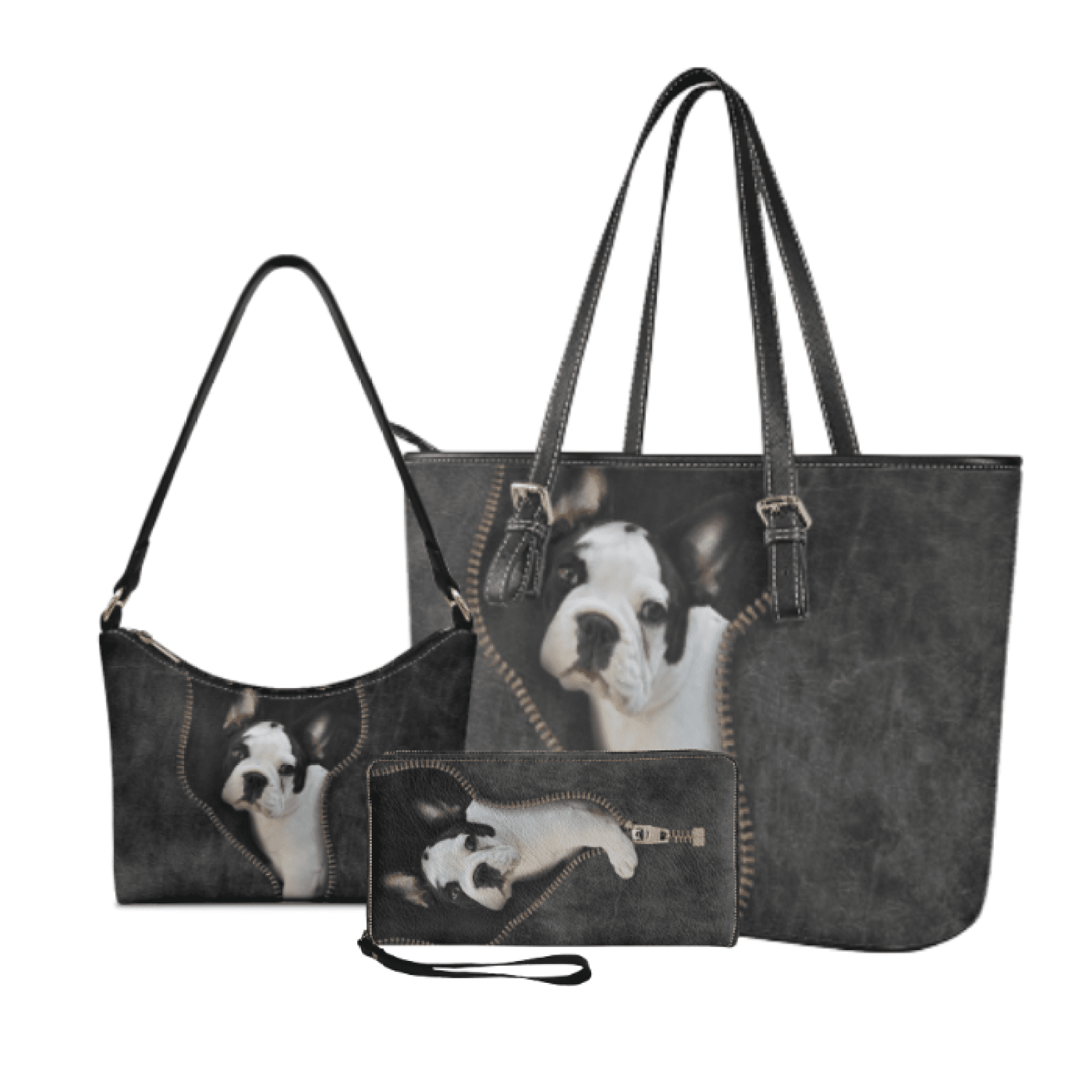 Tutolipy Tote Handbag Set for Women, with Personalized Zipper Clutch Purse Long Lasting Durability Tote Bag Shoulder Bag, 3 Pieces Bulldog Zipper Art