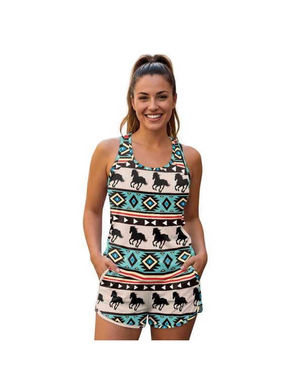 Two Piece Tankini Swimsuits, Horse Pattern Bathing Suit Side Pockets Stretch Comfort for Beach Summer, Size Medium