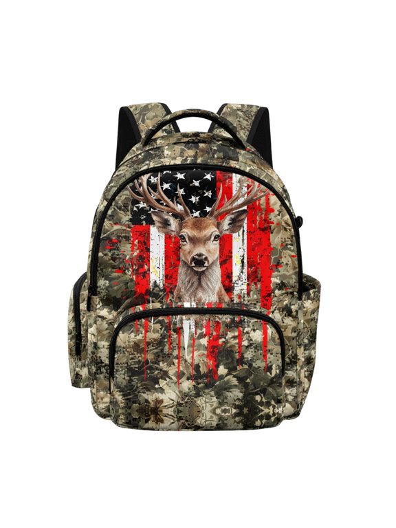 US Flag & Deer Students Rucksack with Multi-Pockets Lightweight School Bag, Large Capacity 17 Inch Book Bag for Travel Camping Picnic