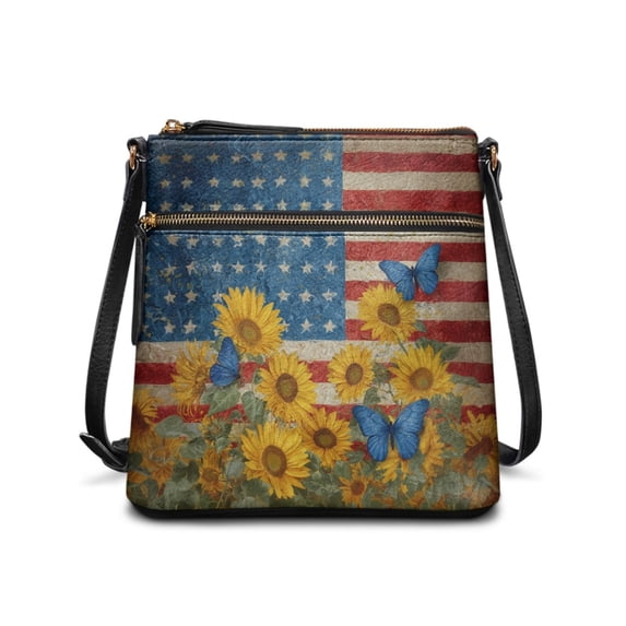 Tutolipy USA Flag Sunflower Butterfly Print Shoulder Bag, Fashion Purse Satchel Waterproof Soft Touch Shoulder Crossbody Purse for Travel Everyday