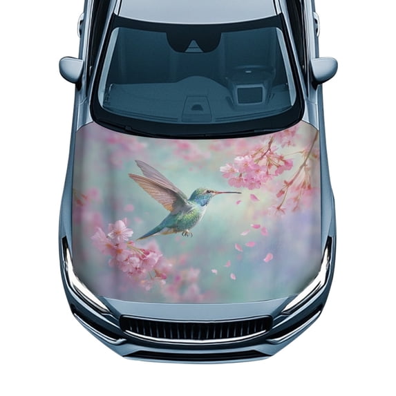 Tutolipy UV Resistant Car Hood Cover Protector Swimsuit Fabric, Elastic Fabric Hummingbird Cherry Blossom Print Automotive Hoods Covers for Pickup SUV Sedans