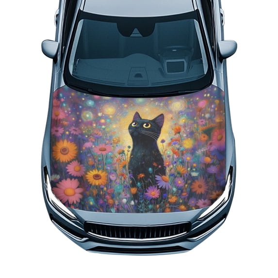 Tutolipy UV Resistant Car Hood Cover Swimsuit Fabric Car Accessories, Black Cat Flowers Car Hood Cover Protector Protection for SUV Trucks Van