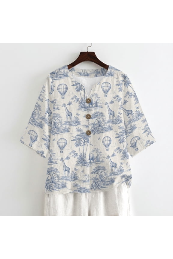 V Neck Casual Summer Top for Spring Vacation, Safari Toile Print Linen-Look Linen-Like Shirt Blouse Non Elastic, Size Medium