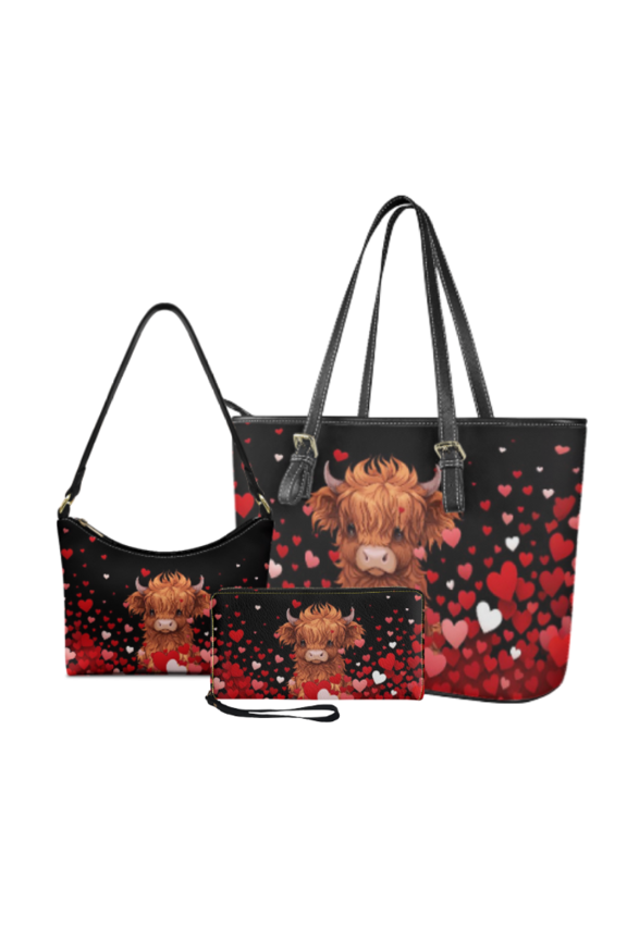 Valentine Highland Cow Hearts 3 Pieces Tote Bag for Women, Lightweight Long Purse, Durable Roomy Shoulder Bag for Shopping
