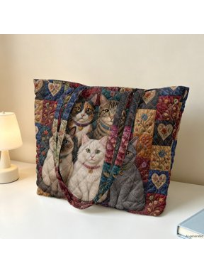 Vintage Cat Patchwork Quilted Tote Bag for Women Large Capacity Multi-Pocket Zipper Closure Shoulder Handbag for Work School Travel Daily Use 1 Pc