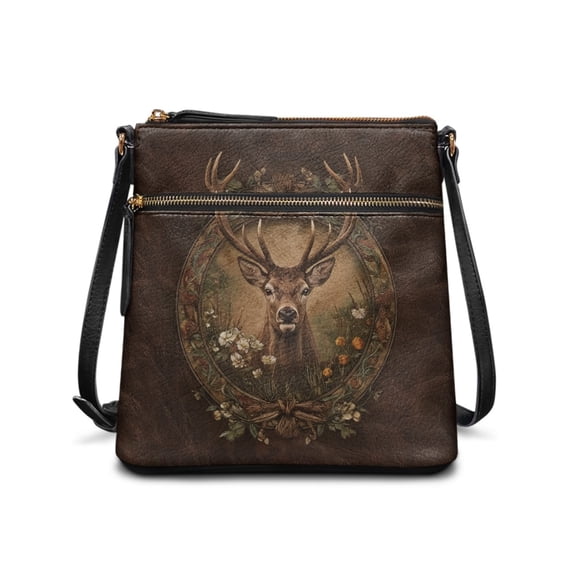 Tutolipy Vintage Deer Pattern Satchel Bag, Stylish Shoulder Crossbody Bag PU Leather Waterproof Crossbody Purse for Daily Travel