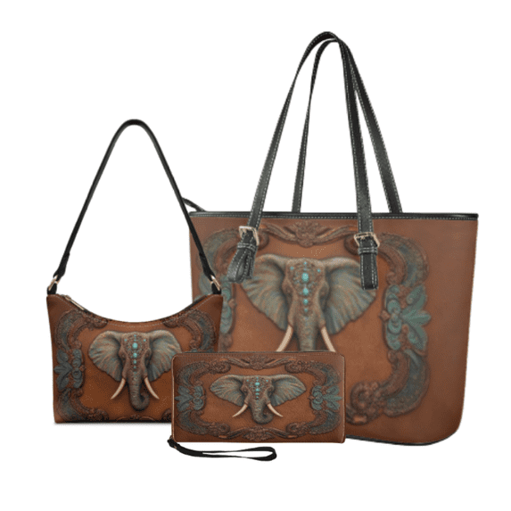 Tutolipy Vintage Elephant Embossed 3 Piece Purse for Women, Versatile Zipper Shoulder Bag, Wallet for Travel Work
