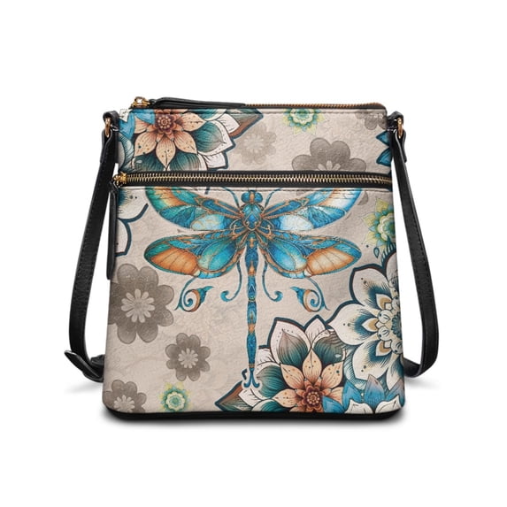 Tutolipy Water-Resistant PU Leather Shoulder Crossbody Bag for Daily Storage Travel, Lightweight Spacious Shoulder Purse, Flower Dragonfly