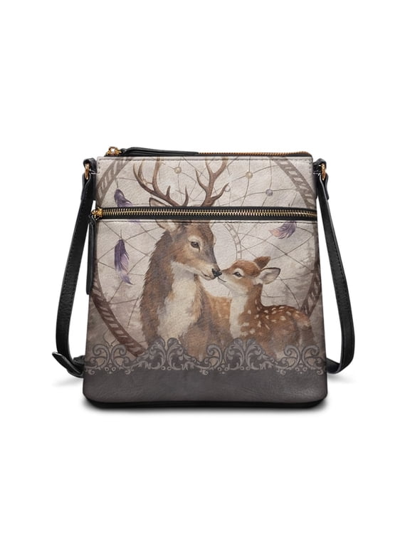 Waterproof PU Leather Crossbody Shoulder Purse for Short Trips Travel, Lightweight Zipper Pockets Women PU Shoulder Bag, Vintage Deer Dreamcatcher