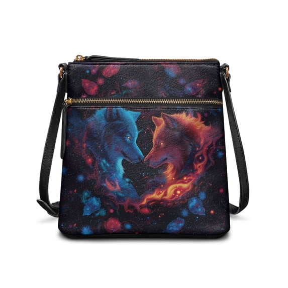 Tutolipy Waterproof Shoulder Bag for Dating Daily Storage, PU Leather Multiple Zipper Pockets Crossbody Bag, Fire Ice Wolf Pattern