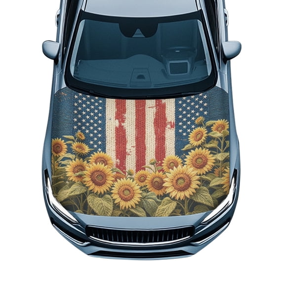 Tutolipy All Weather Protection Car Hood Cover for Pickup Van SUV, Dust-Proof Stretch Fabric Sunflower Flag for 250th Anniversary Automotive Accessories