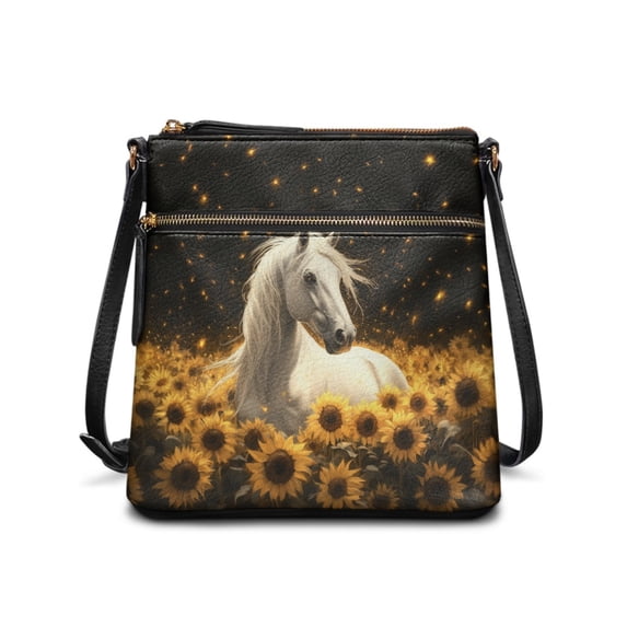 Tutolipy White Horse Sunflower Print Shoulder Crossbody Bag, Spacious Crossbody Purse Adjustable Shoulder Strap Stylish Women's Crossbody Bag for Daily Work