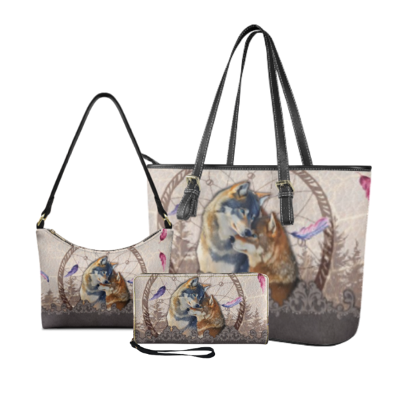 Tutolipy Wolf Dreamcatcher Print 3 Pcs Tote Bag for Women, Zipper Lightweight Shoulder Bag, Wristlet Purse for Work Daily