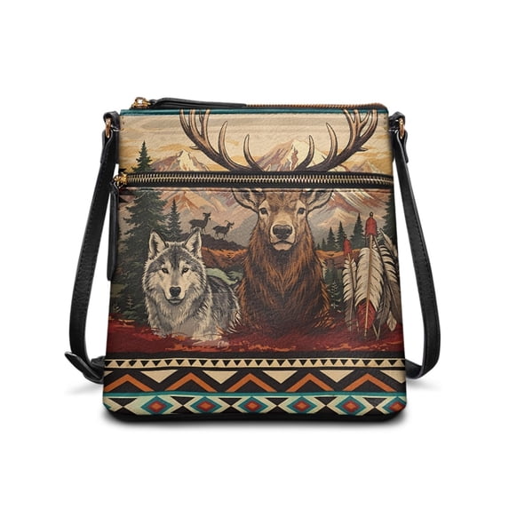 Tutolipy Wolf Stag Mountain Purse Satchel, Waterproof Satchel Bag PU Material Adjustable Shoulder Strap Women's Crossbody Bag for Travel Leisure Time