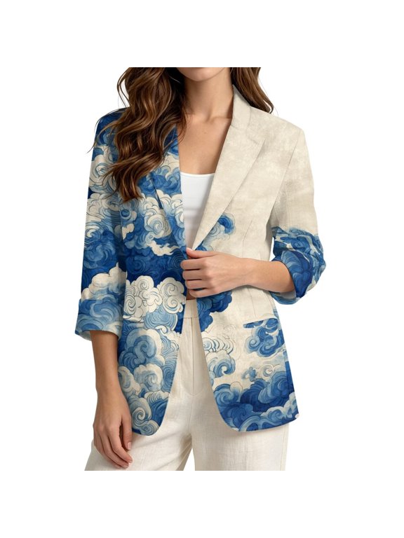 Women Layer Blazer Lapel Collar Vacation Soft Jacket,Large Asymmetric Auspicious Cloud Print Linen Like Open Front 3/4 Cuffed Sleeve Suit Blazer with Welt Pockets Weekend Chic Outfit