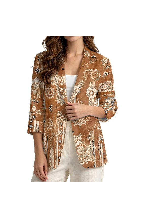 Women Summer Breathable Blazer Lapel Collar Outerwear,Small Vintage Aztec Geometric Tribal Print Linen Like Open Front 3/4 Cuffed Sleeve Suit Jacket with Welt Pockets Office Workwear