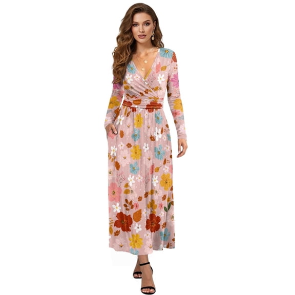 Tutolipy Women's Formal Dresses Flower Printed Midi Dress Long Sleeve A Line Dress V Neck Maxi Dresses for Beach Vacation Guest, S