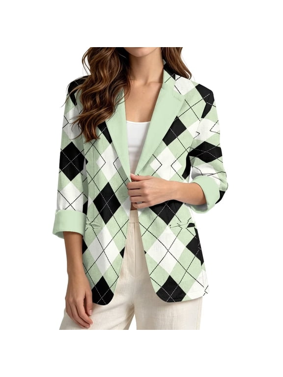 Womens Blazer Trendy Lapel Collar Open Front Suit Jacket,Large Argyle Plaid Check Print Breathable Linen Like 3/4 Cuffed Sleeve Suit Blazer with Welt Pockets Romantic Weekend Stylish Wear