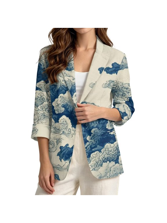 Womens Dressy Suit Jacket Trendy Soft Lapel Blazer,XXX-Large Asymmetric Auspicious Cloud Print Linen Like 3/4 Cuffed Sleeve Open Front Outerwear with Welt Pockets Party Stylish Outfit