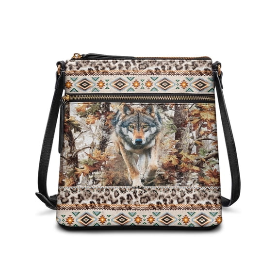 Tutolipy Woodland Wolf Print with Southwestern Geometric & Leopard Pattern Accents Purse Satchel Crossbody Bag, Waterproof Exquisite UV Craft for Travel Work