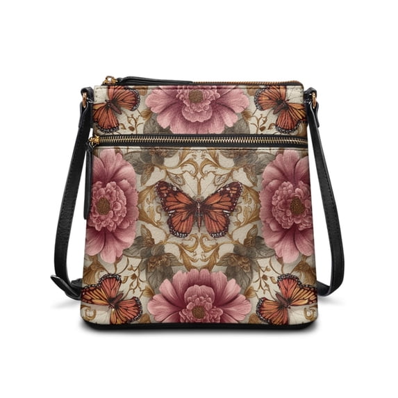 Tutolipy Zipper Closure Purse Satchel for Dating Travel, Adjustable Strap Water-Resistant PU Leather Shoulder Crossbody Bag, Butterfly Floral Pattern