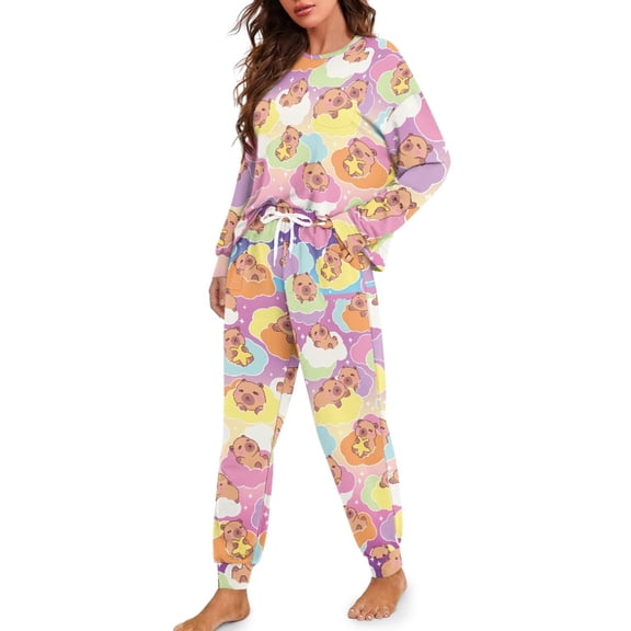 Tutoliy Capybara Printed Pjs Sets for Women Soft Sleepwear Crewneck Loungewear Trendy Nightwear 2 Piece Lounge Set for Home, 2XL