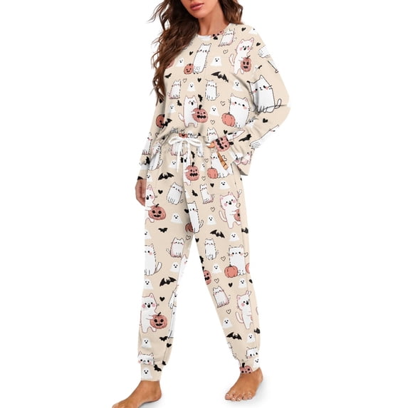 Tutoliy Halloween Pajama Set Cat Pumpkin Printed Sleepwear Drawstring Pajamas Ghost Bat Printed Loungewear Soft 2 Piece Pjs Set, L