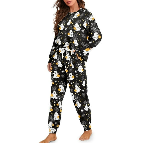 Tutoliy Halloween Pajama Set Ghost Printed Sleepwear for Women Cozy Pjs Set Spider Web Printed Loungewear Long Sleeve Shirt and Pajama Pants Lounge Sets, M