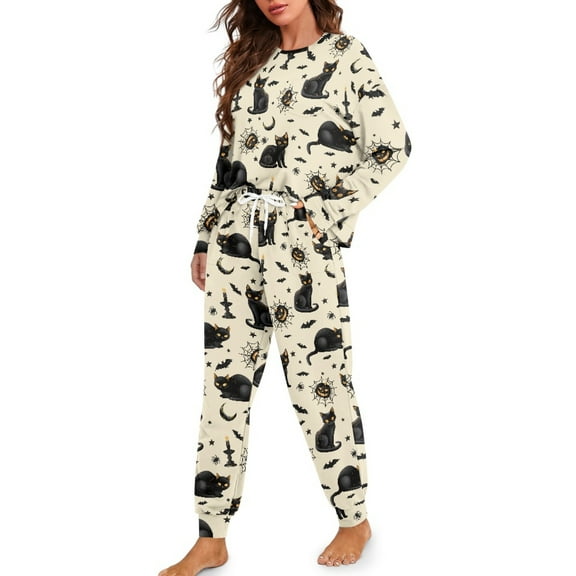 Tutoliy Halloween Pajamas for Women Cat Bat Printed Pjs Set Long Sleeve Pajama Jogger Pants Spider Web Printed Sleepwear Cozy Loungewear with Pockets, S