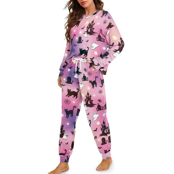 Tutoliy Halloween Pajamas for Women Set Cat Ghost Printed Sleepwear Comfy 2 Piece Pjs Set Spider Web Printed Nightwear Long Sleeve Pajama Pants Set, M