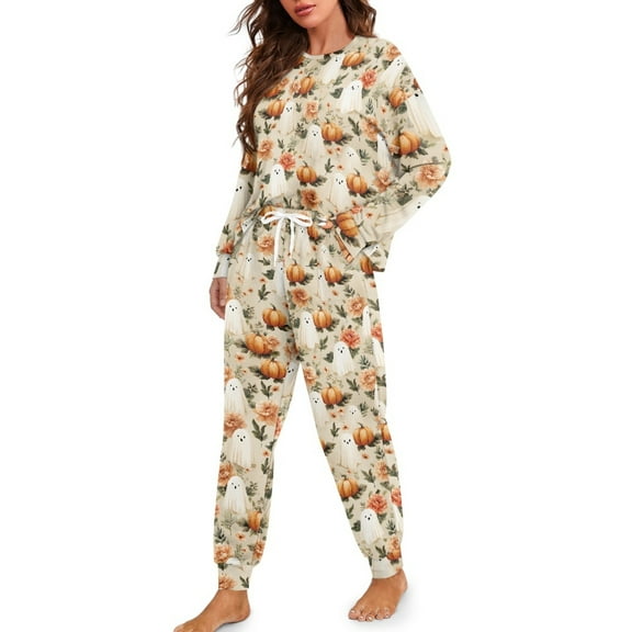 Tutoliy Halloween Pajamas for Women Set Ghost Pumpkin Printed Sleepwear Comfy 2 Piece Pjs Set Floral Printed Nightwear Long Sleeve Pajama Pants Set, M