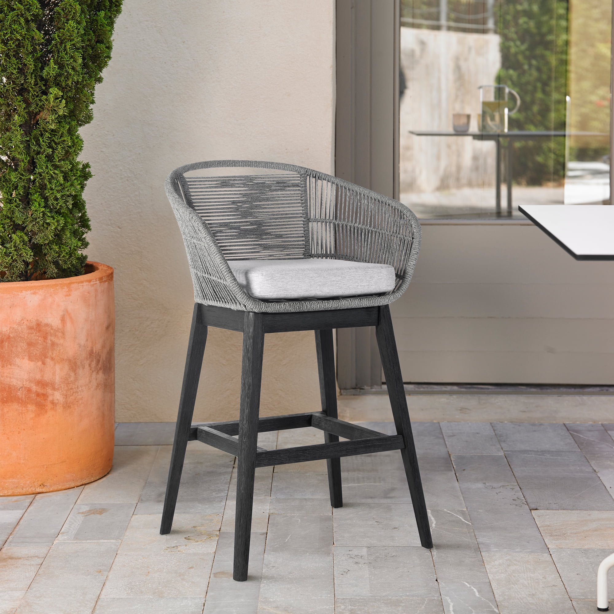 Tutti Frutti Indoor Outdoor Bar Height Bar Stool in Black Brushed Eucalyptus Wood with Gray Rope - Set of 4