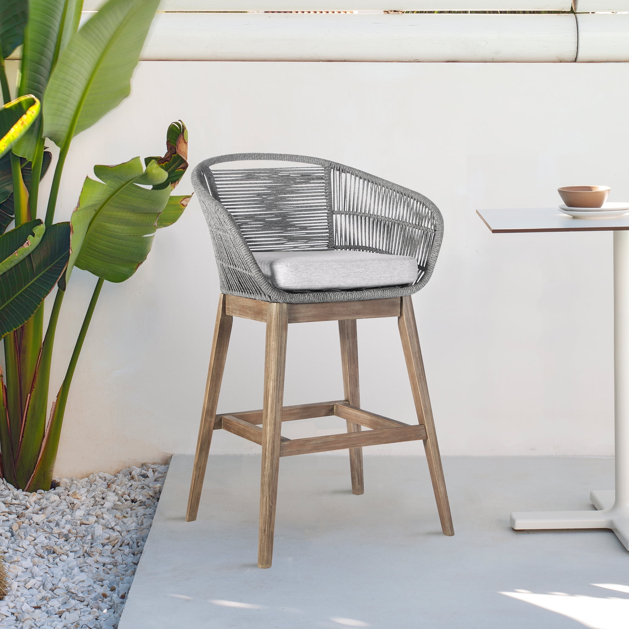 Tutti Frutti Indoor Outdoor Counter Height Bar Stool in Light Eucalyptus Wood with Gray Rope - Set of 4