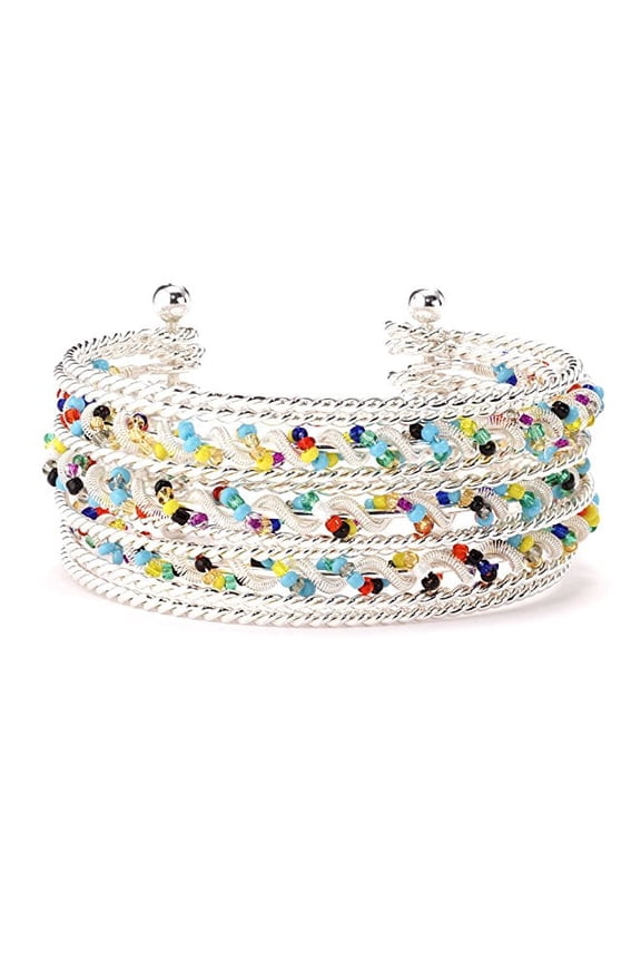 Colorful Multi-Layer Beaded Cuff Bracelet - Silver Tone Summer Fashion Jewelry Bracelet Silver