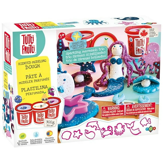 Tutti Frutti: Sparkling Mermaids Trio Kit - Scented Modeling Dough Craft Set, 8 Ocean Themed Shape Cutters, 3 Non-Toxic Glittery Colors, Kids Age 3+