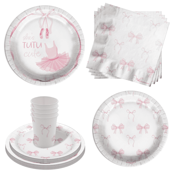 She's Tutu Cute Pink Bows 2nd Birthday Party Supplies - 64 Piece Second Birthday Tableware Set Includes Large 9" Dinner Plates and 8" Dessert Paper Plates Napkins Cups - Kit for 16