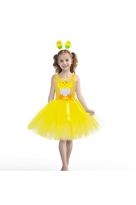 Tutu Dress for Girls Kids Easter Outfit Chick Holiday Party Hair Hoop Up Tulle Dress 7-8 Years