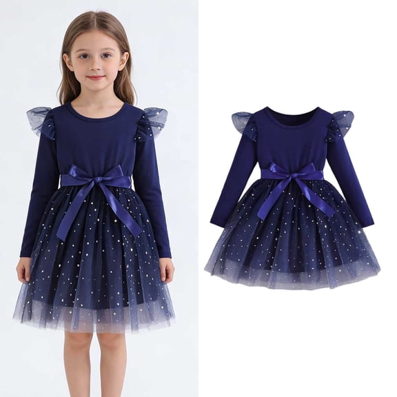 Tutu Dress for Girls Ruffles Long Sleeve Blue Girls Dress Glitter Tulle Dress Girls Fall Dress Girl Valentine Dress 7-8 Years