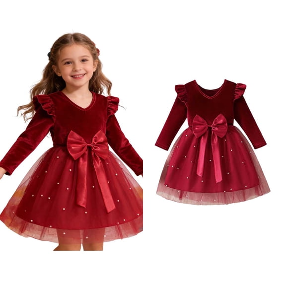 Tutu Dress for Girls Ruffles Long Sleeve Red Velvet Dress Girls Glitter Tulle Dress for Girls Winter Dress Girl Valentine Dress 5-6 Years
