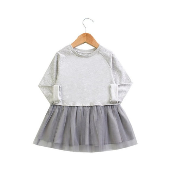 Tutu-Dresses for Girls 6M-5Y Toddlers Kids Cute Long Sleeve Crewneck Tulle-Splice Solid Color Pullover Comfort Going Out Dress