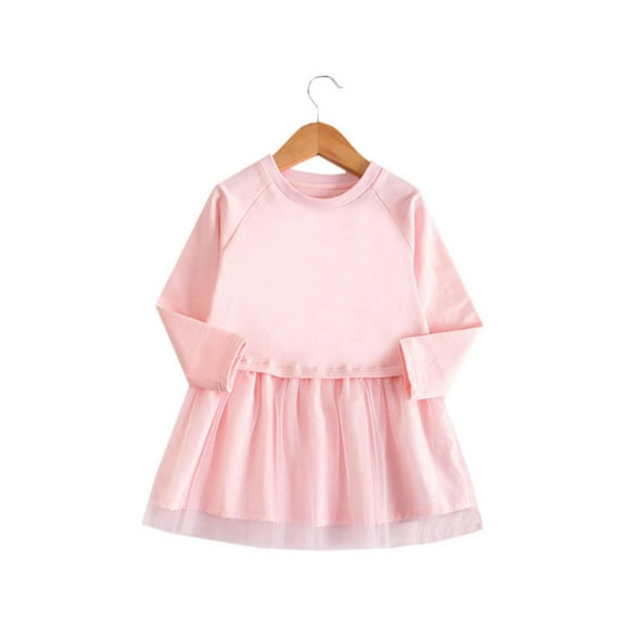 Tutu-Dresses for Girls 6M-5Y Toddlers Kids Cute Long Sleeve Crewneck Tulle-Splice Solid Color Pullover Comfort Going Out Dress