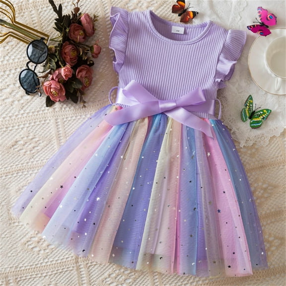 Tutu-Dresses for Girls Layered-Tulle Size 1-6 Cute Ruffle Sleeveless Crewneck Bowknot High Waisted A-Line Gradient Printed Birthday Dress