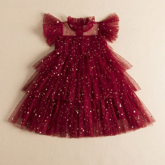 Tutu-Dresses for Girls Size 2-1O Layered-Tulle Toddlers Kids Sequins Cap Sleeve Mock Neck Solid Color Birthday Flower Girls Dress