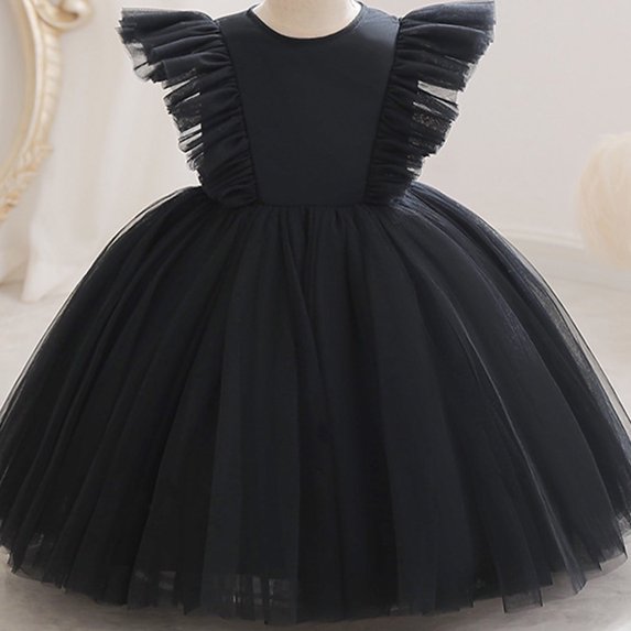 Tutu-Dresses for Girls Size 3-8 Layered Tulle A-Line Toddlers Kids Trendy Solid Color Ruffle Sleeve Crewneck Flower Girl Birthday Dress