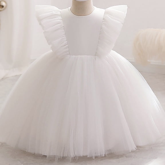 Tutu-Dresses for Girls Size 3-8 Layered Tulle A-Line Toddlers Kids Trendy Solid Color Ruffle Sleeve Crewneck Flower Girl Birthday Dress