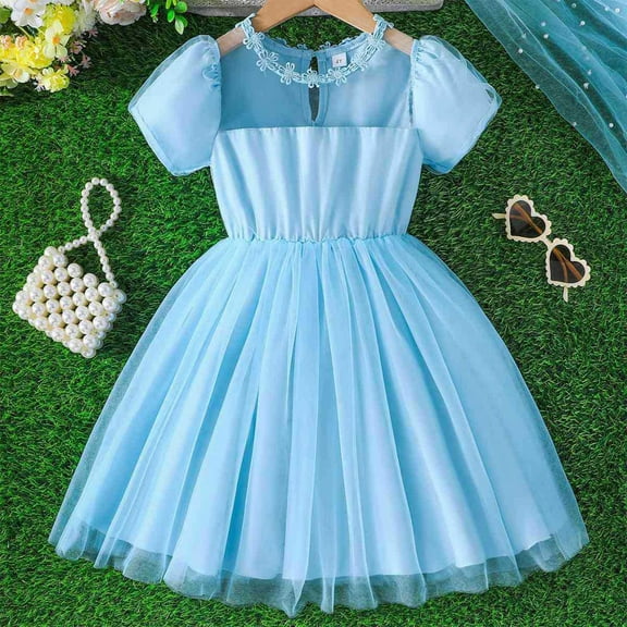 Tutu-Dresses for Girls Size 4-7 Mesh-Splice Crewneck Short Puffed Sleeve Layered-Tulle Solid Color A-Line Birthday Dress 2025